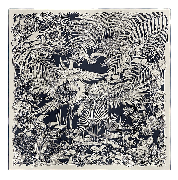 Hermès Flamingo Party Tattoo Shawl 140 Bleu Marine / Blanc Silk Scarf