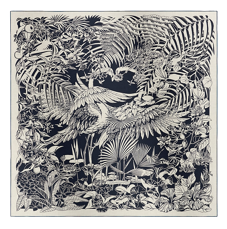 Hermès Flamingo Party Tattoo Shawl 140 Bleu Marine / Blanc Silk Scarf