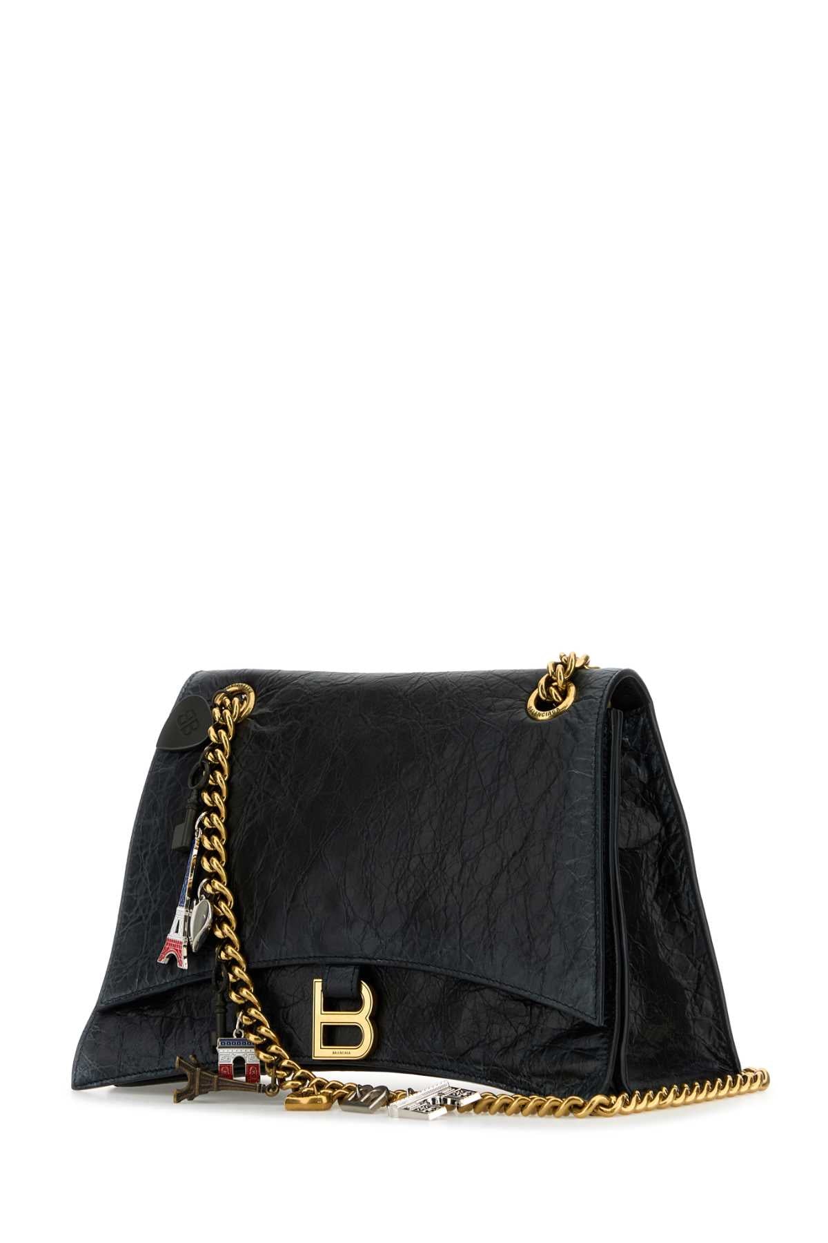 Black Leather Medium Crush Chain Shoulder Bag Borse A Tracolla
