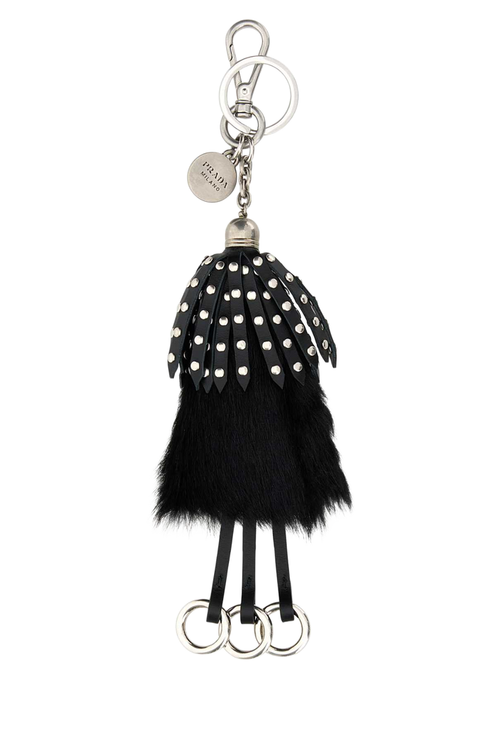 Black Calf Hair And Leather Keyring Nero Acciaio-vitello-bos Taurus Portachiavi