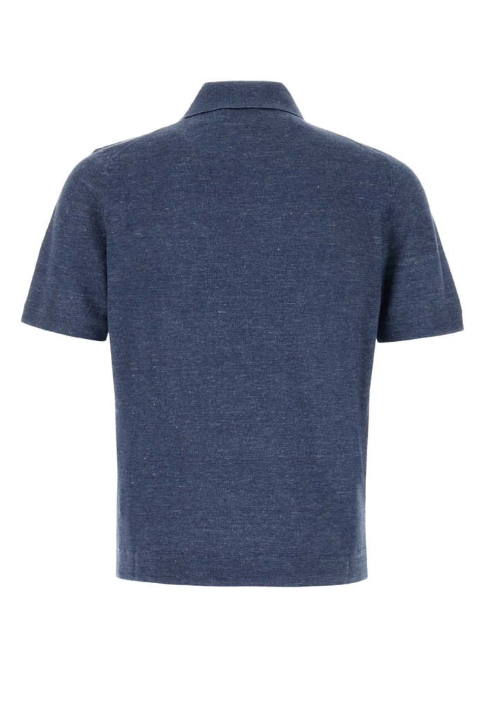 Melange Blue Linen Blend Polo Shirt Denim Exterior: Cotton Maglieria