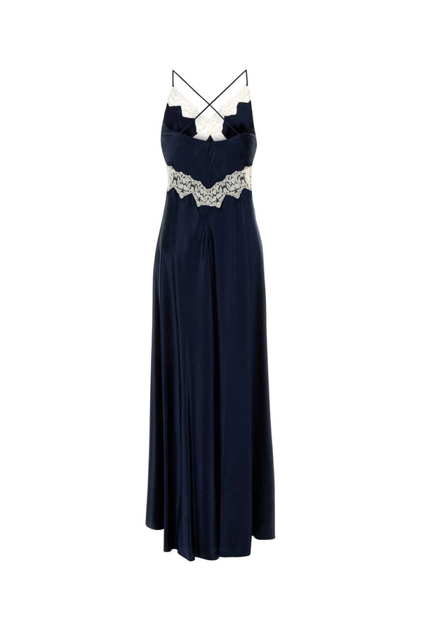 Alberta Ferretti Lace-Trimmed Dress — Navy