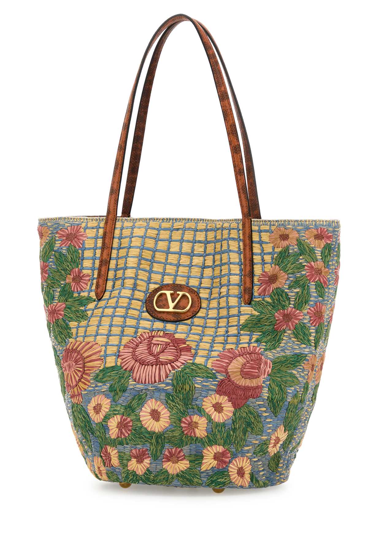 Embroidered Raffia Vlogo Signature Shopping Bag Naturalemulticolorterranaturalcamel Borse A Mano