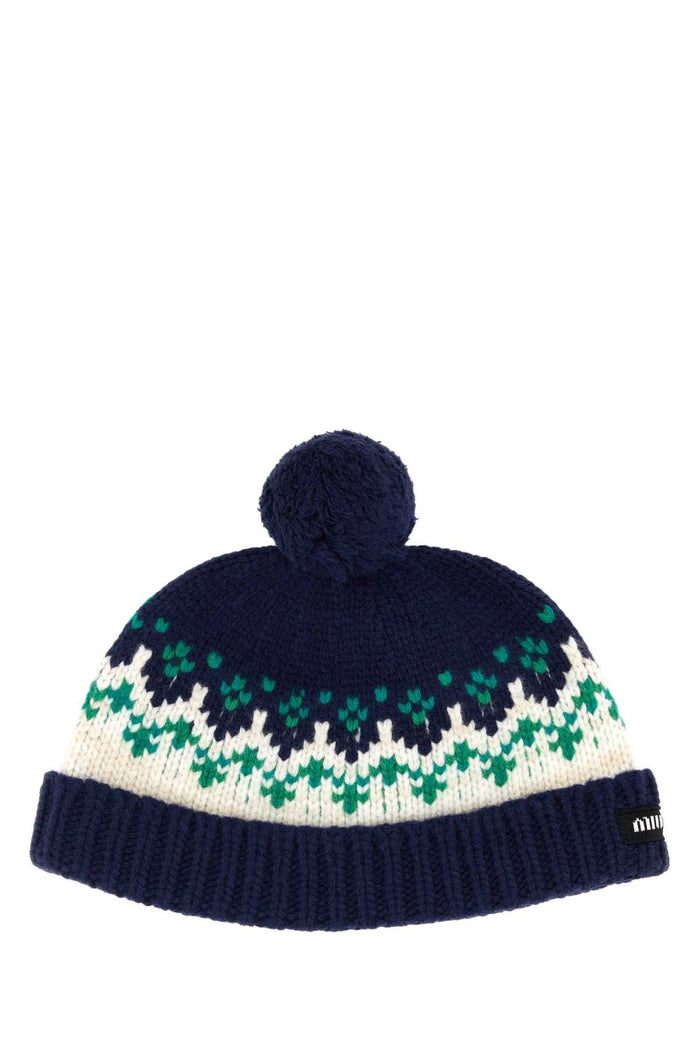 Embroidered Wool Beanie Hat Navy Exterior: Virgin Cuffie