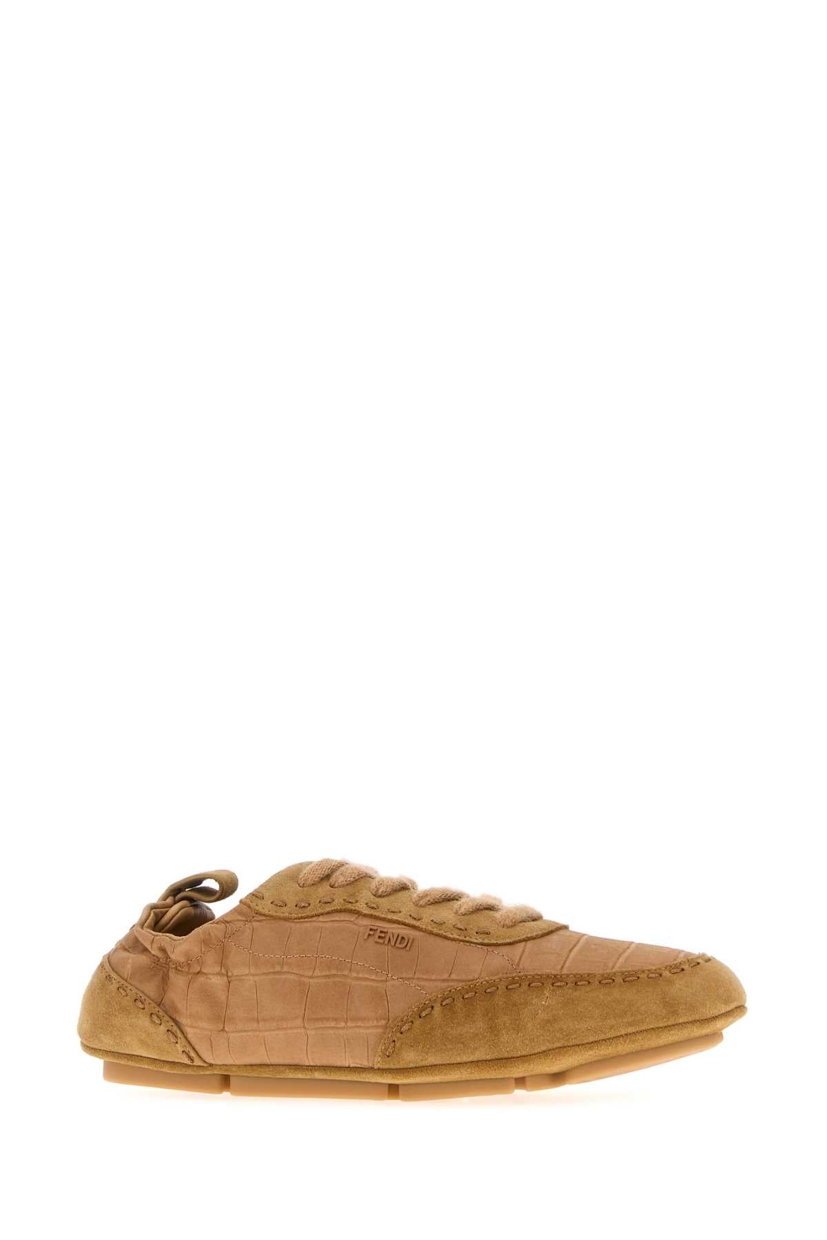 Camel Leather And Suede Fendi Fit Sneakers Beige+rame+beige