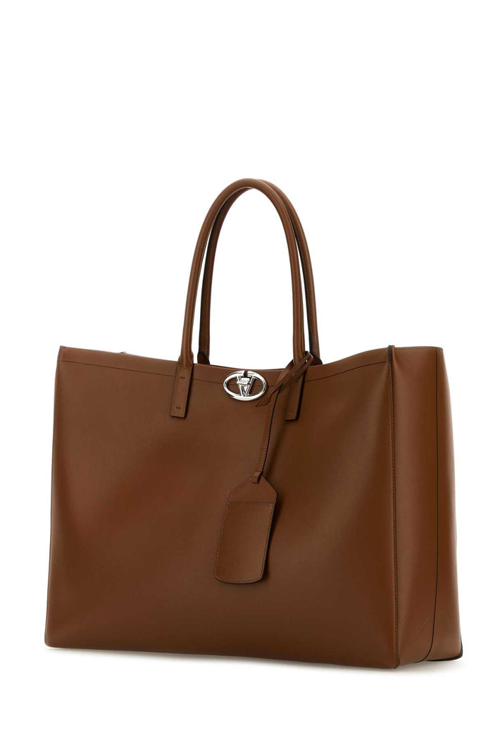 Brown Leather Vlogo Shopping Bag Tobacco Borse A Mano