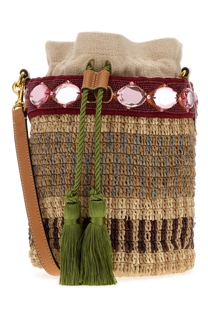 Embroidered Raffia Vlogo Signature Bucket Bag Multicbeigemulticbrrednatncamver Borse A Secchiello
