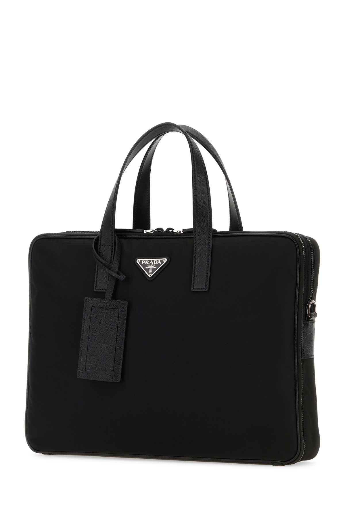 Black Nylon Brief Case Nero Recycledpolyamide-calfleather Borse A Mano