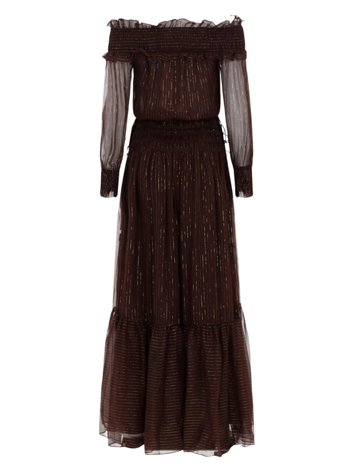 Dress With Ruffles And Flounces Brown Silk Metallic