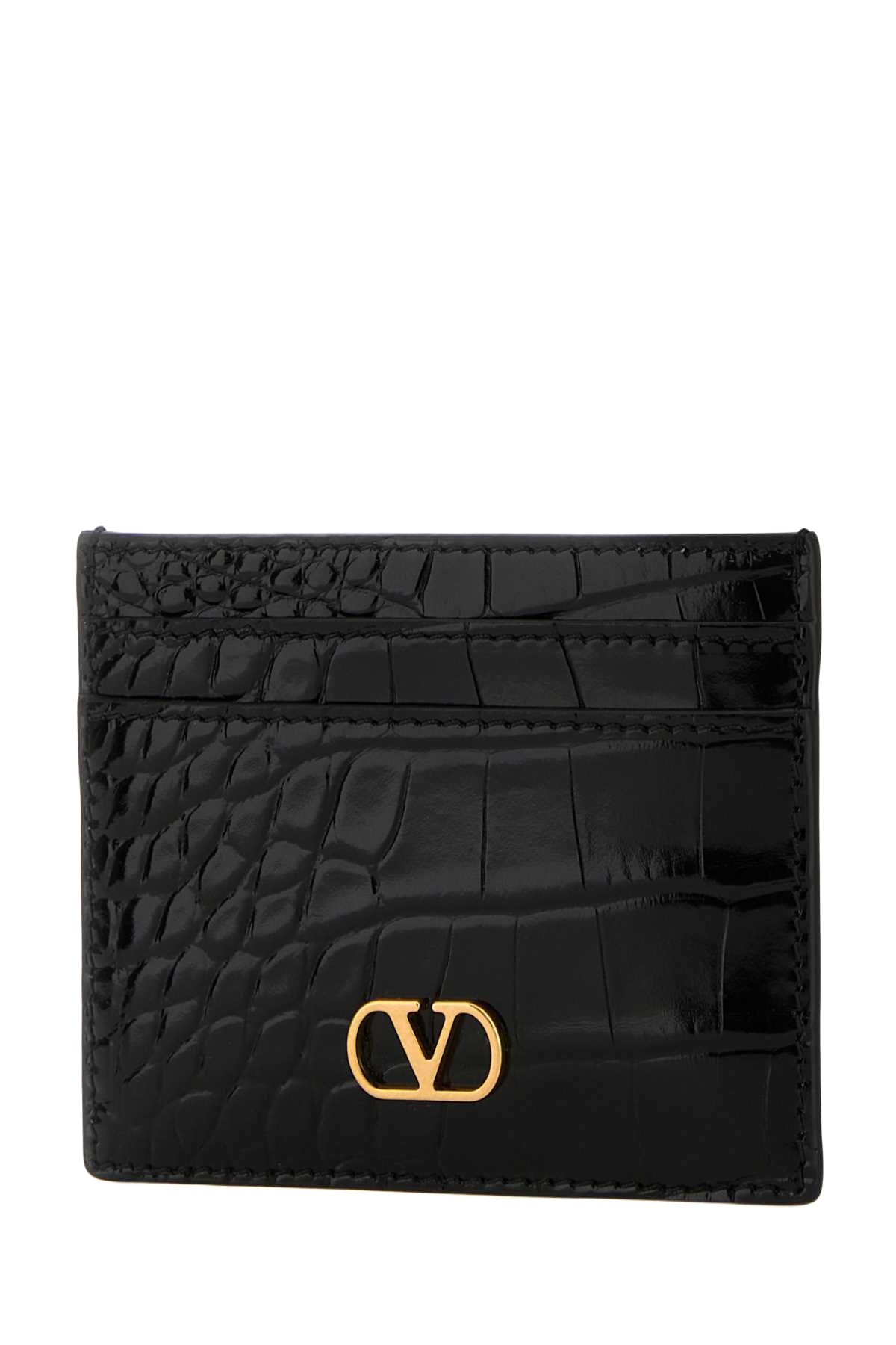 Black Leather Vlogo Card Holder Nero Portafogli