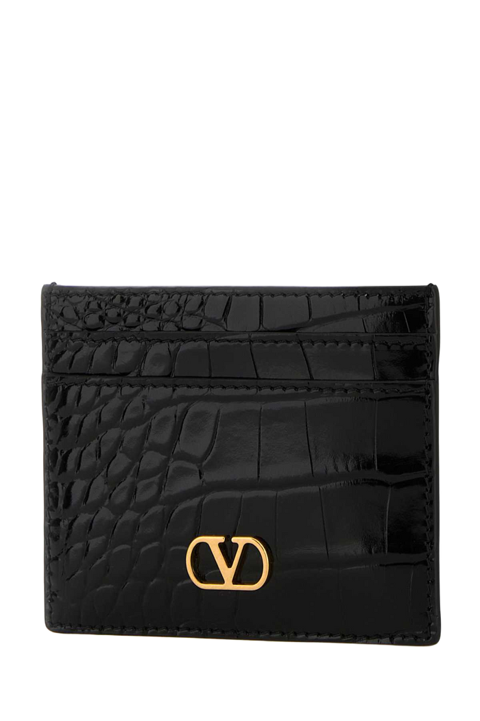 Black Leather Vlogo Card Holder Nero Portafogli