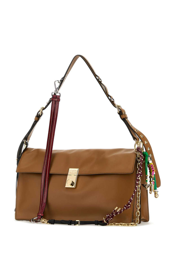 Camel Leather Large Prada Soft Sound Shoulder Bag Caramel0n Vitello Borse A Mano