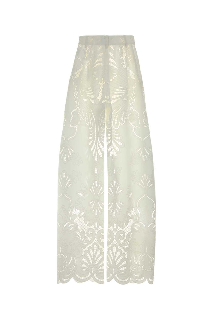 White Broderie Anglaise Wide-Leg Pant Offwhite Exterior: Polyester Pantaloni