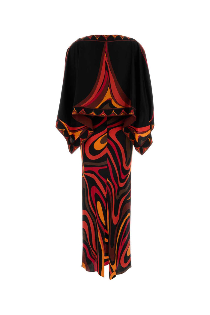 Printed Silk Dress Orangeblack Exterior: Abiti