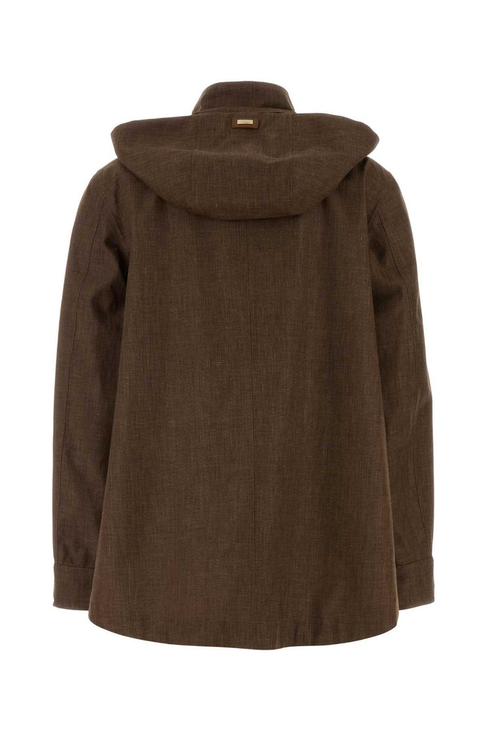 Brown Linen Blend Jacket Cuoio Exterior: Wool Silk Giubbini
