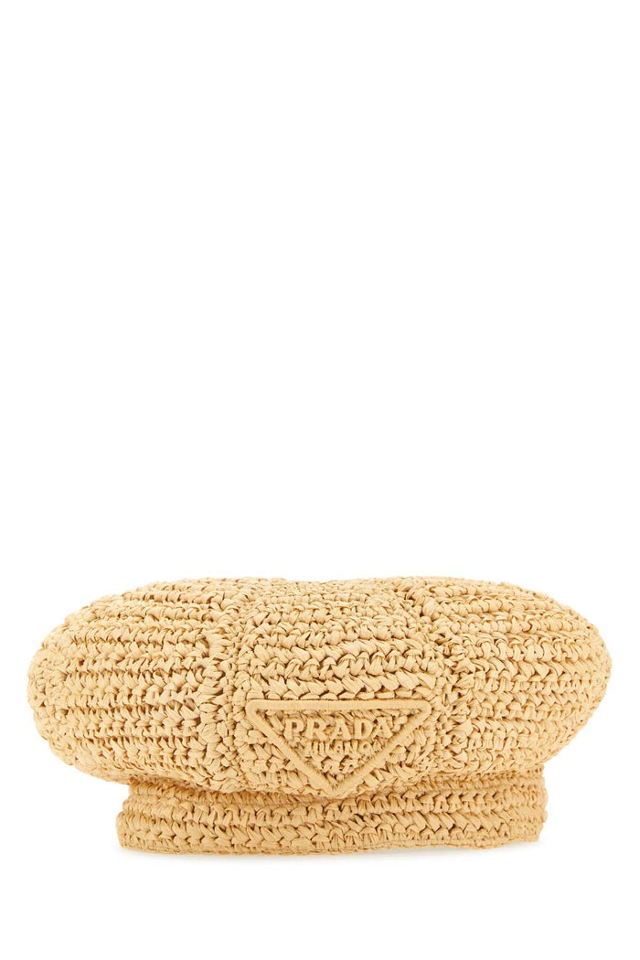 Beige Rafia Baker Boy Hat Naturale Exterior: Viscose Cappelli E Fasce Per Capelli