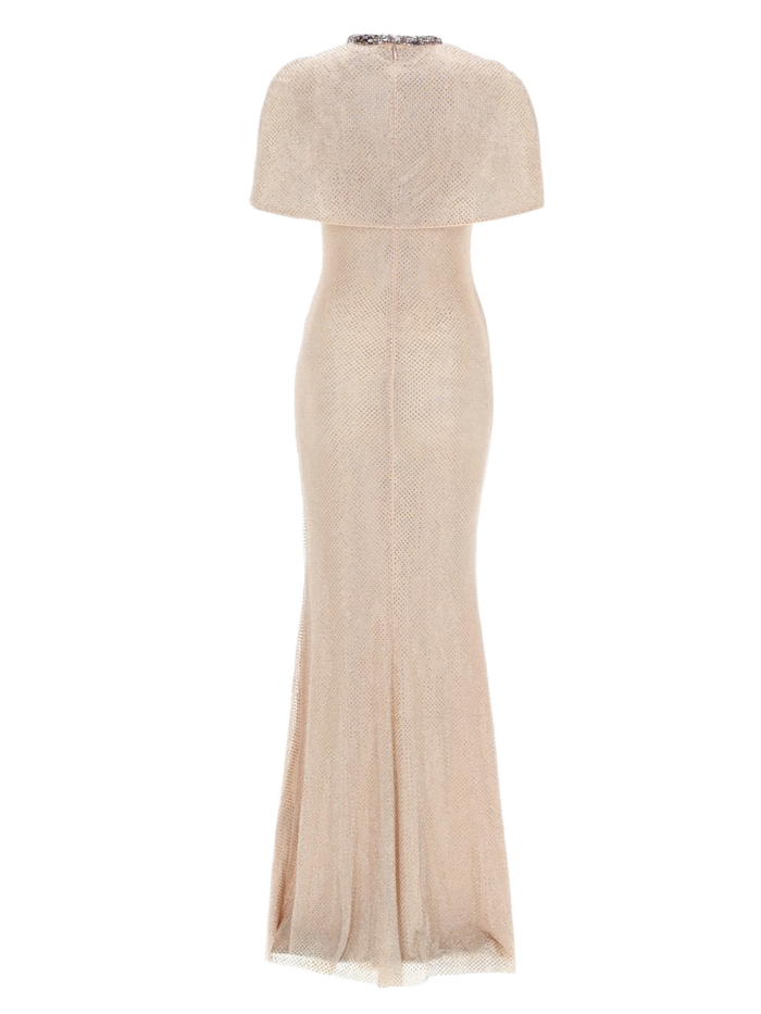 Long Dress With Crystals Beige Polyester Elastane