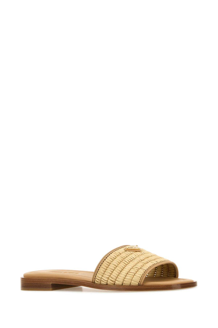 Beige Raffia And Leather Slippers Naturale
