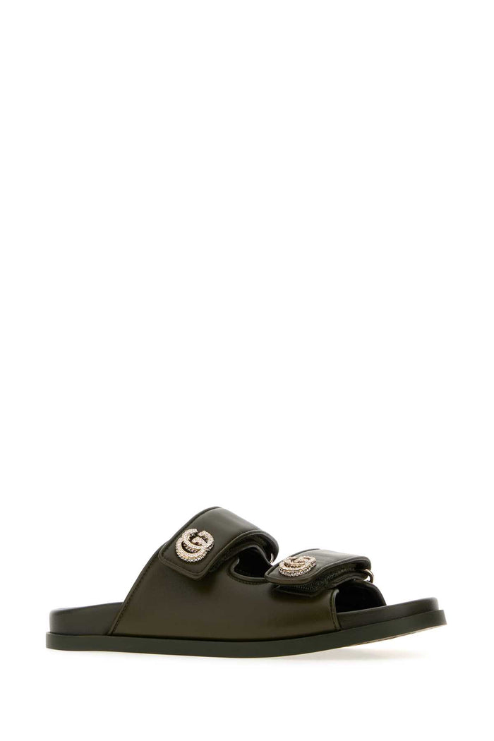 Olive Green Leather Slippers
