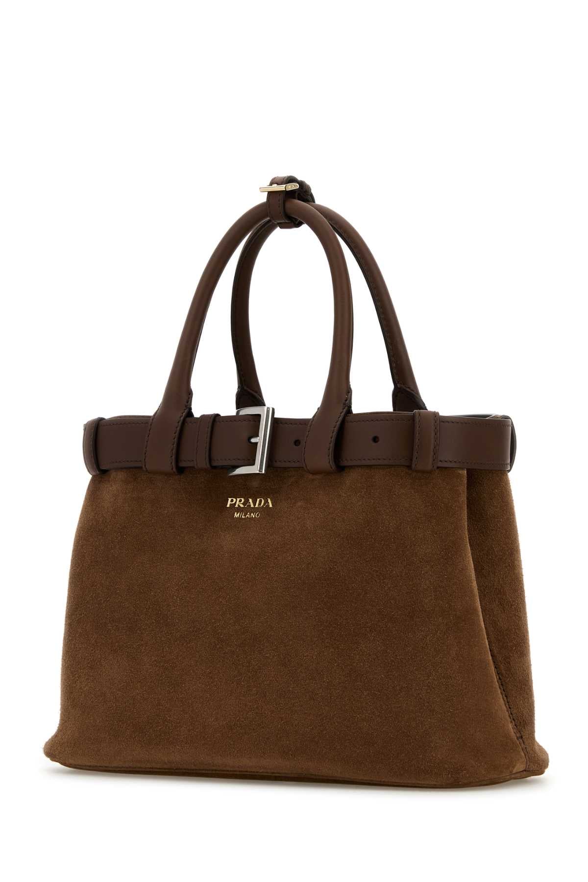 Brown Suede Prada Buckle Medium Handbag Cacao Vitello Borse A Mano