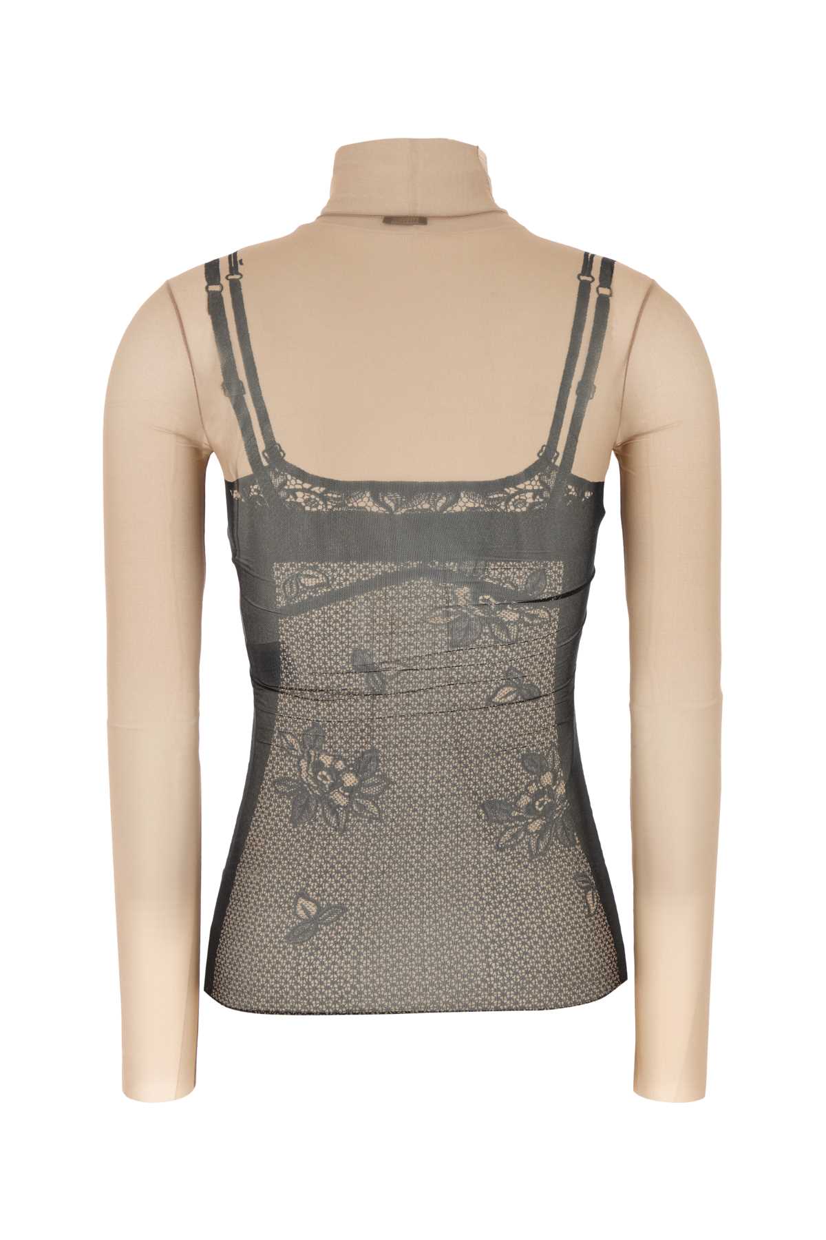 Printed Stretch Tulle Top Black/light Beige Exterior: Nylon Elastane Maglie