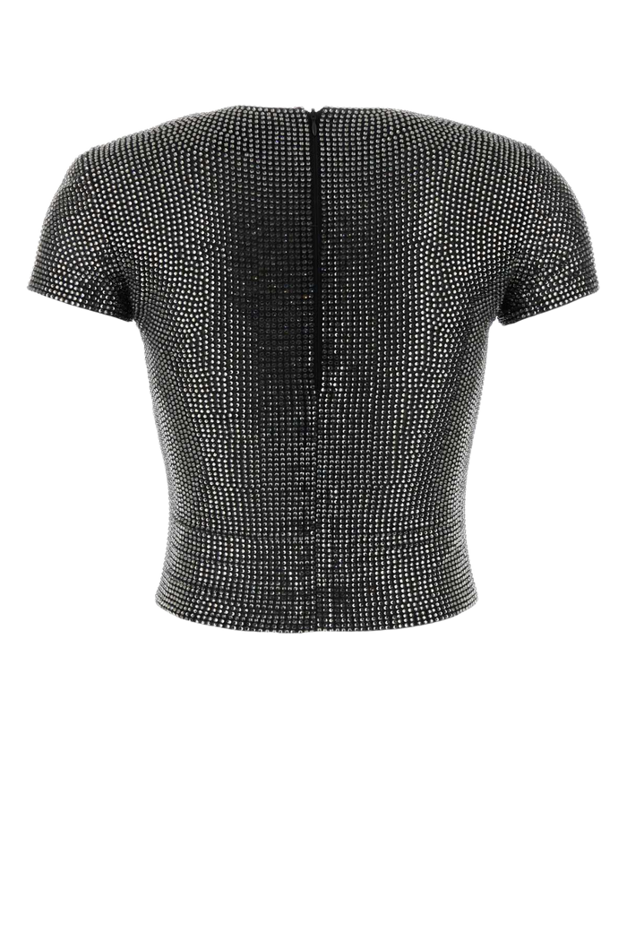 Embellished Stretch Mesh T-Shirt Black Exterior: Nylon Elastane