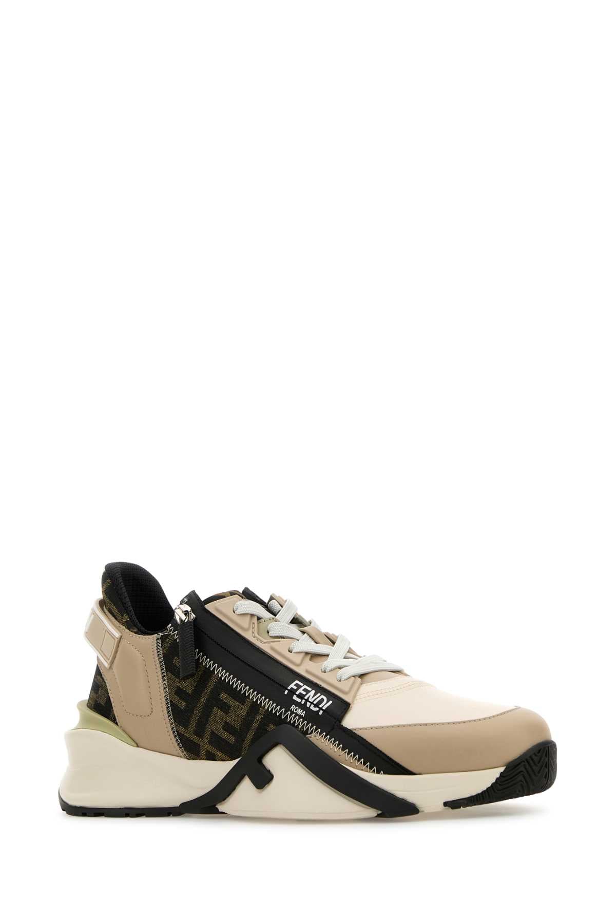 Multicolor Leather And Jacquard Fendi Flow Sneakers Bian.ice+tab.ne+beig