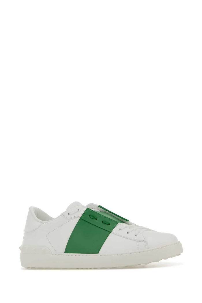 White Leather Open Sneakers With Green Band Biancogreenbriarbianco Calf - Bos Taurus
