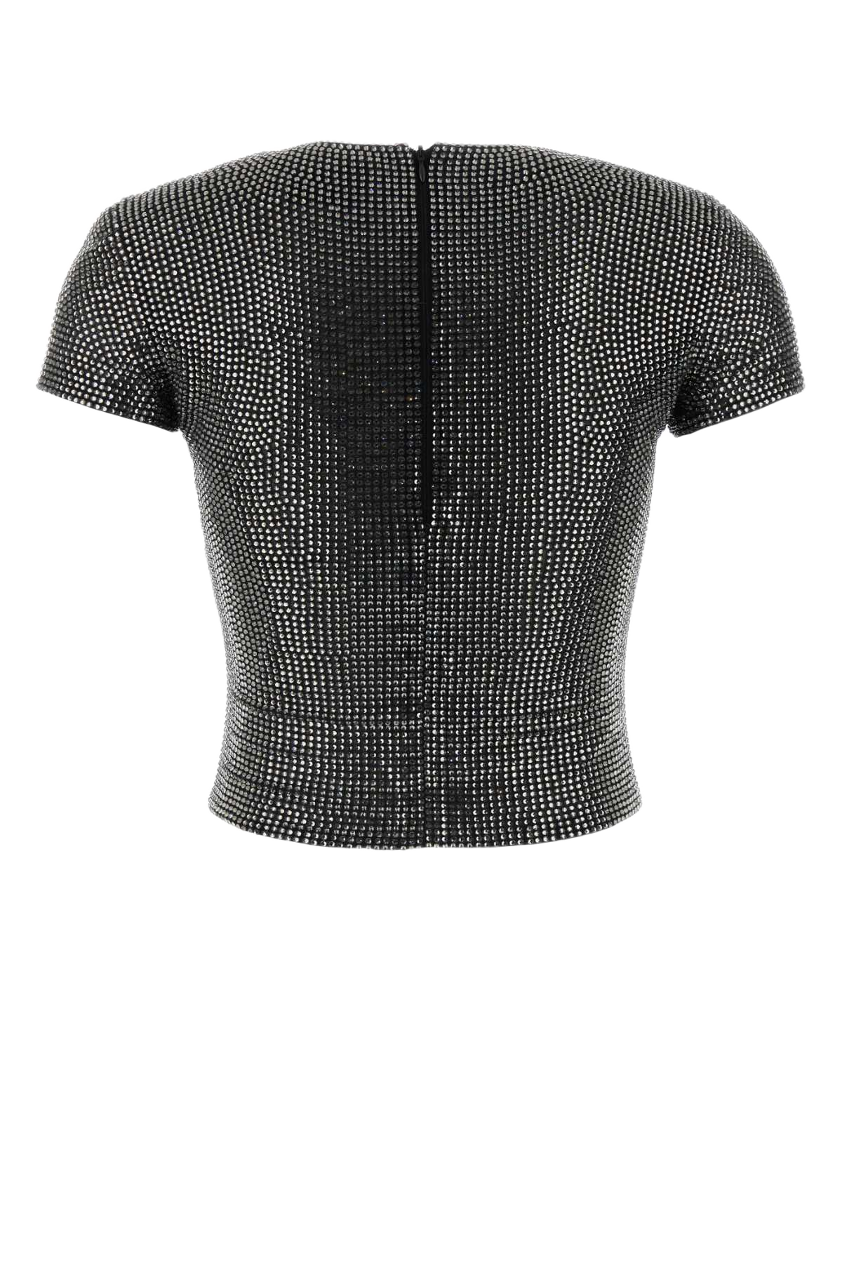 Embellished Stretch Mesh T-Shirt Black Exterior: Nylon Elastane
