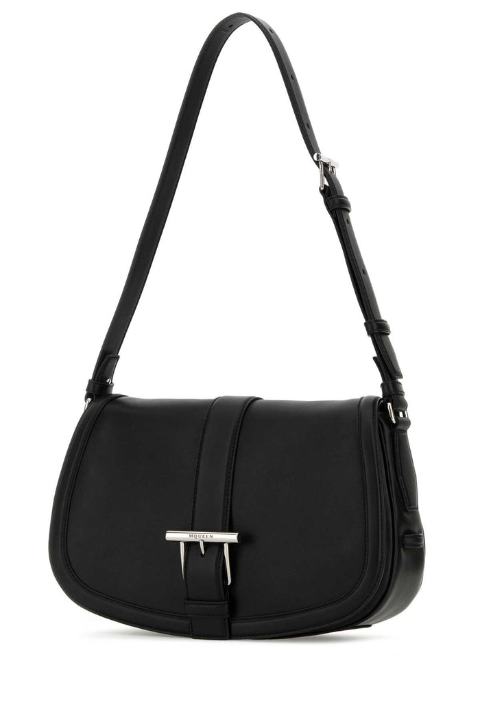 Black Leather Large Satchel Crossbody Bag Blacksilver T-bar Borse A Tracolla