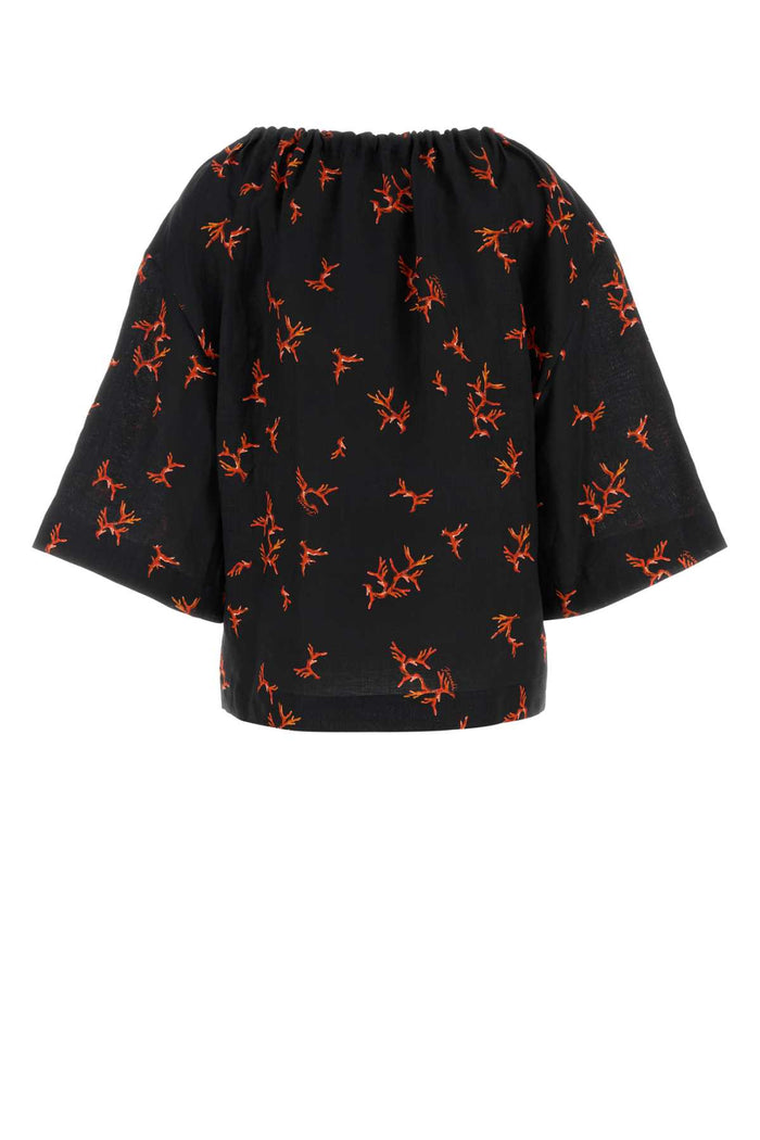Printed Linen Blouse Black+marsala Exterior: Maglie