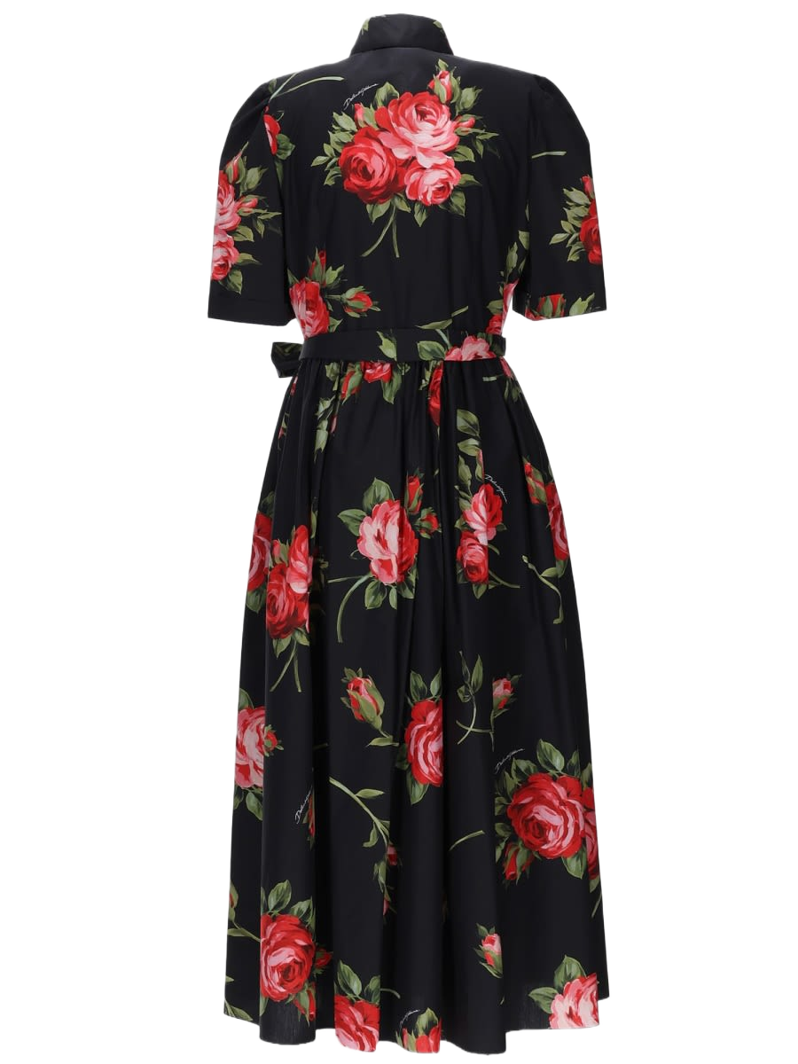Midi Dress With Bouquet Print Black Cotton