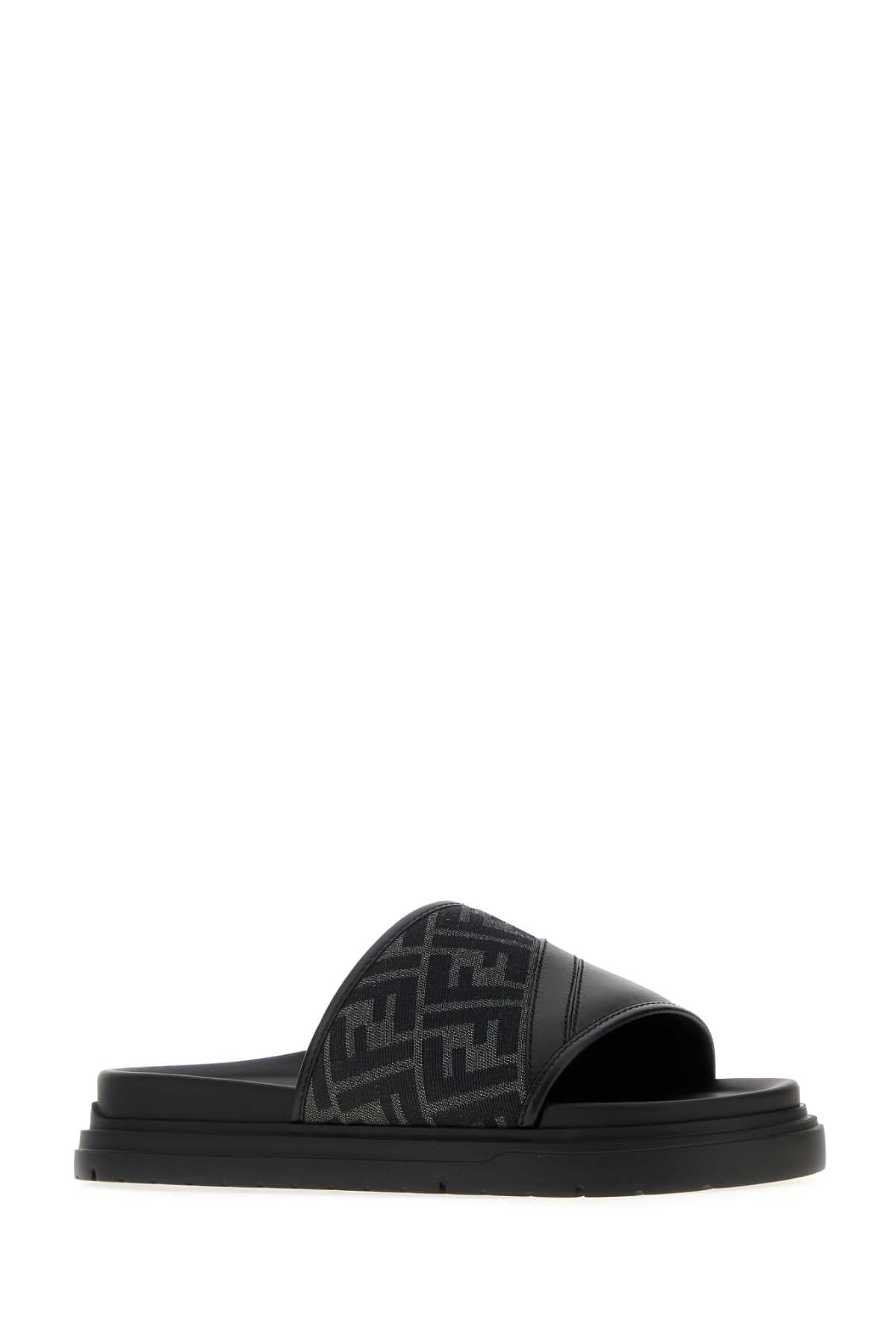 Embroidered Canvas And Leather Fendi Diagonal Slippers Tabacco + Giallo