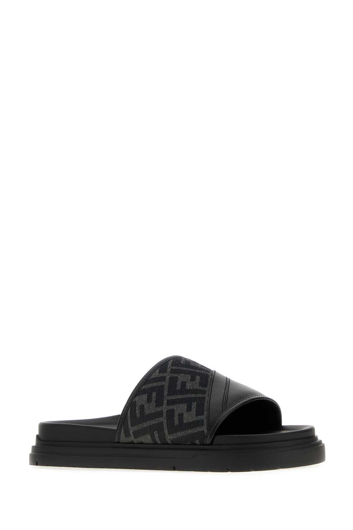 Embroidered Canvas And Leather Fendi Diagonal Slippers Tabacco + Giallo