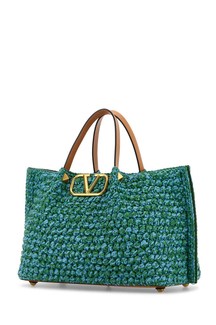 Two-Tone Raffia Medium Shopping Bag Verdeazzurronaturalcamelhblubgras Borse A Mano