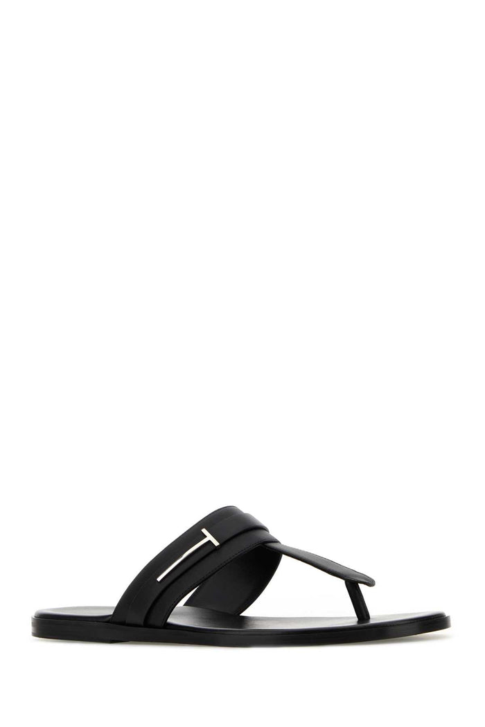 Black Leather Thong Slippers