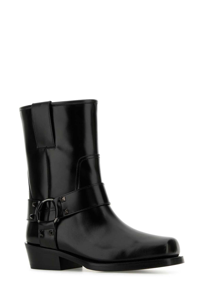 Black Leather Biker Rockstud Ankle Boots Nero Stivali