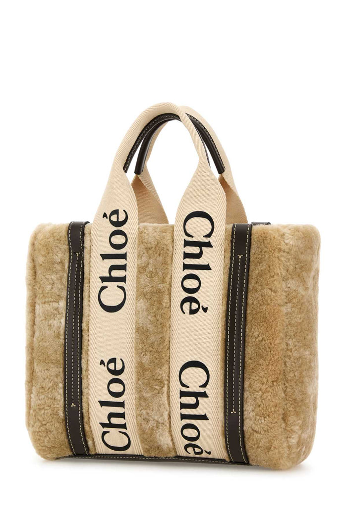 Beige Shearling Small Woody Shopping Bag Summerybeige Borse A Mano