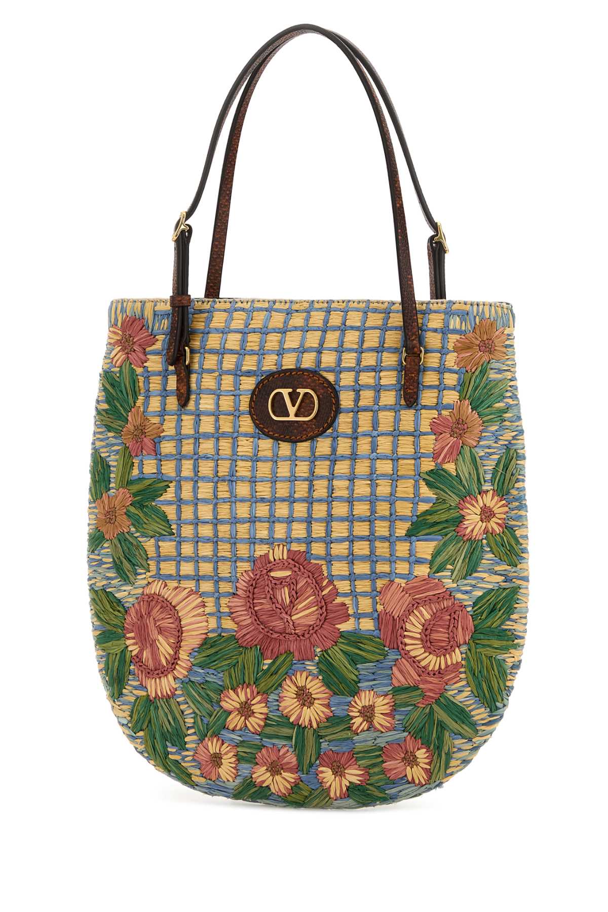 Embroidered Raffia Vlogo Signature Shoulder Bag Naturalemulticolorterra Cotton Borse A Mano