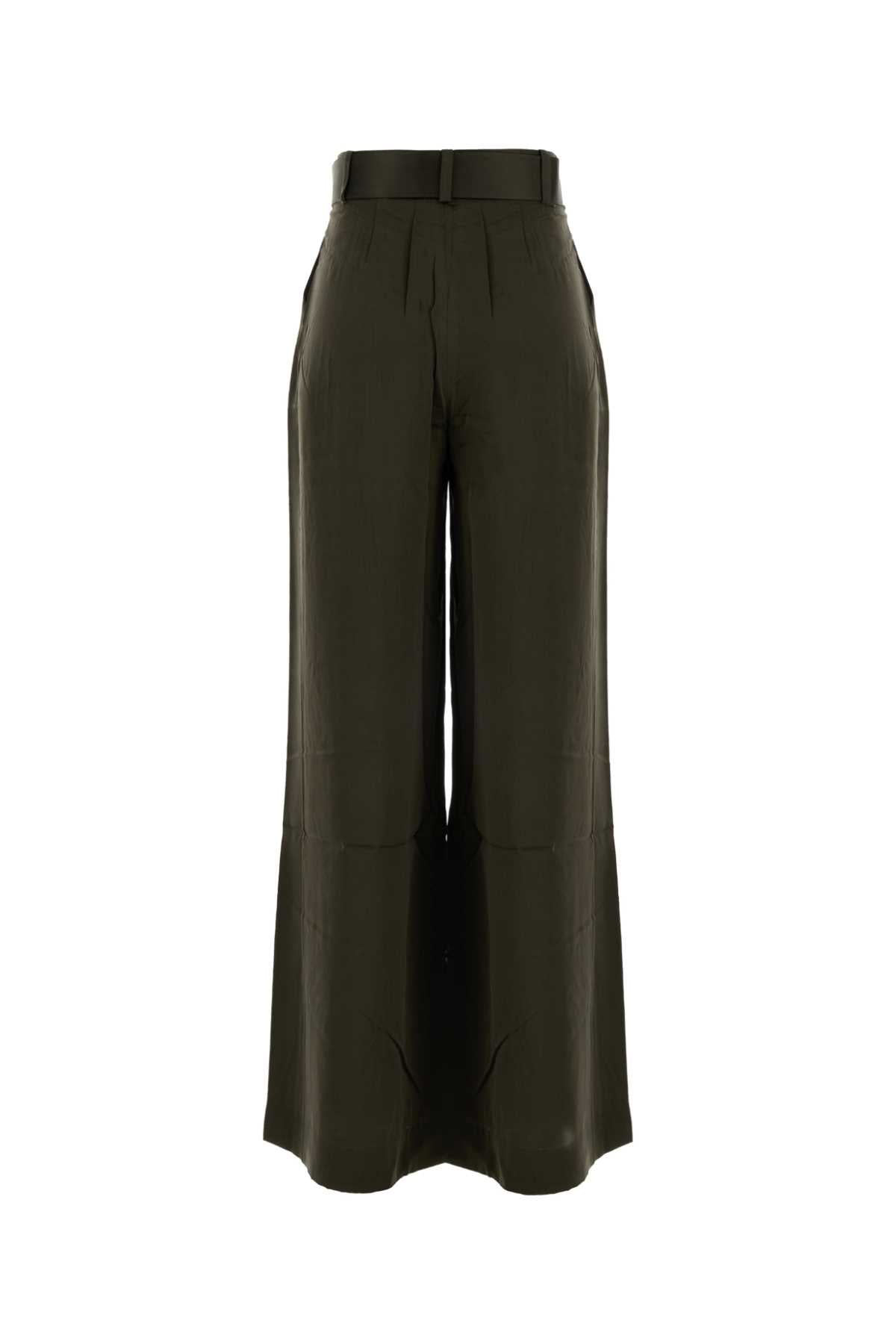 Olive Green Satin Wide-Leg Tuck Pant Darkolive Silk Pantaloni