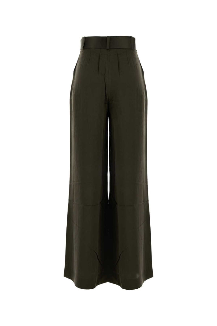 Olive Green Satin Wide-Leg Tuck Pant Darkolive Silk Pantaloni