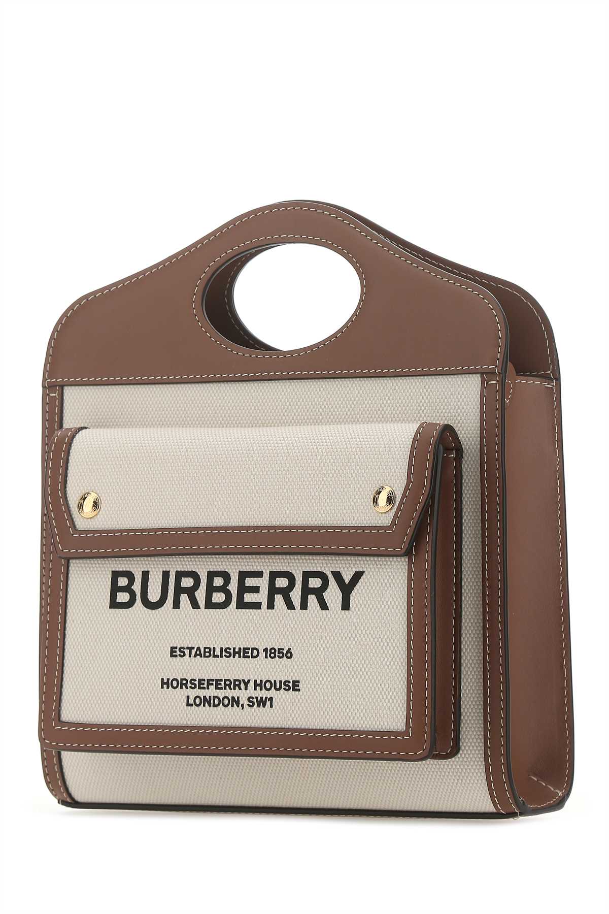 Two-Tone Canvas And Leather Mini Pocket Handbag Naturalmaltbrown Cotton Polyurethane Borse A Mano