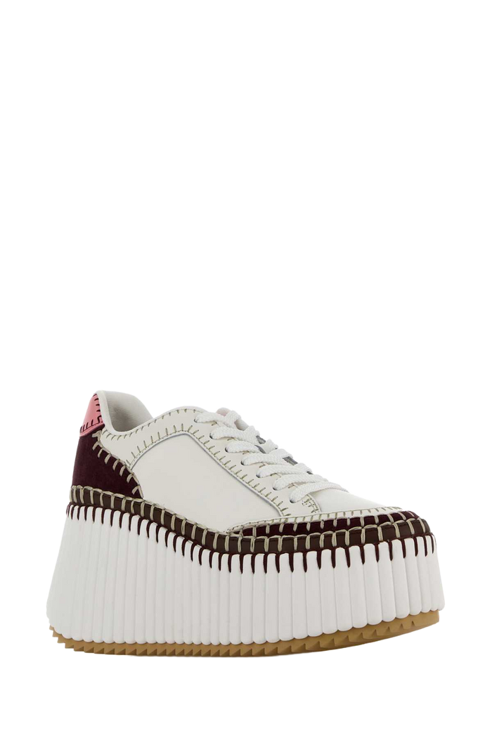 White Leather Nama Sneakers Burgundypink