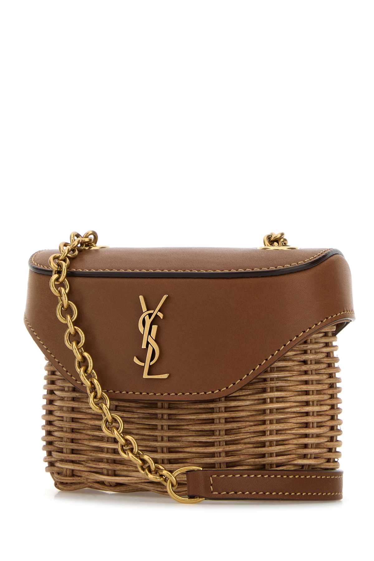 Two-Tone Wicker And Leather Mini Box June Crossbod Naturale/brick Borse A Tracolla