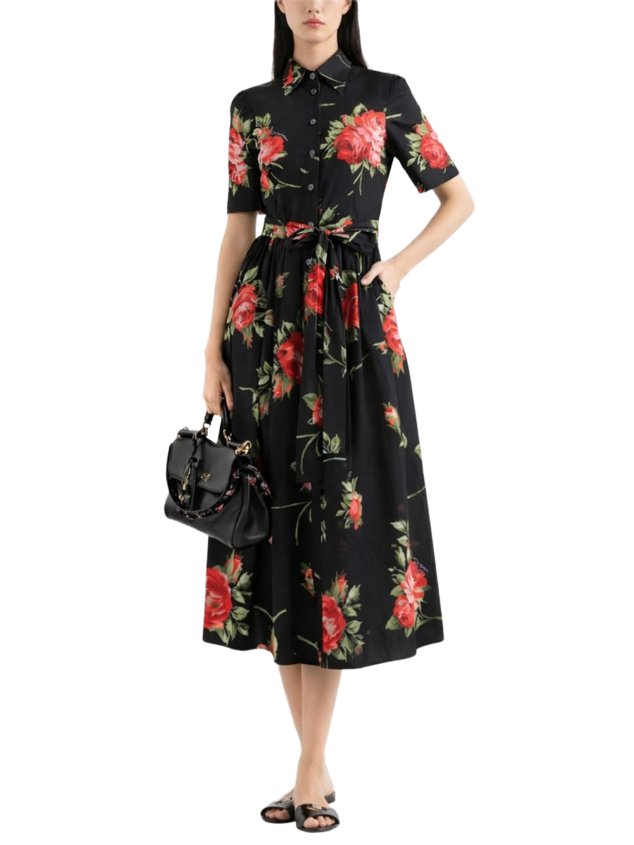 Midi Dress With Bouquet Print Black Cotton