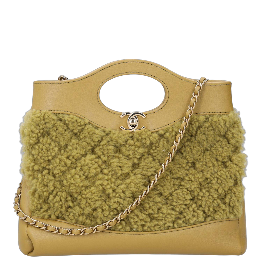 Chanel shearling and calfskin leather top handle bag in green — view 8