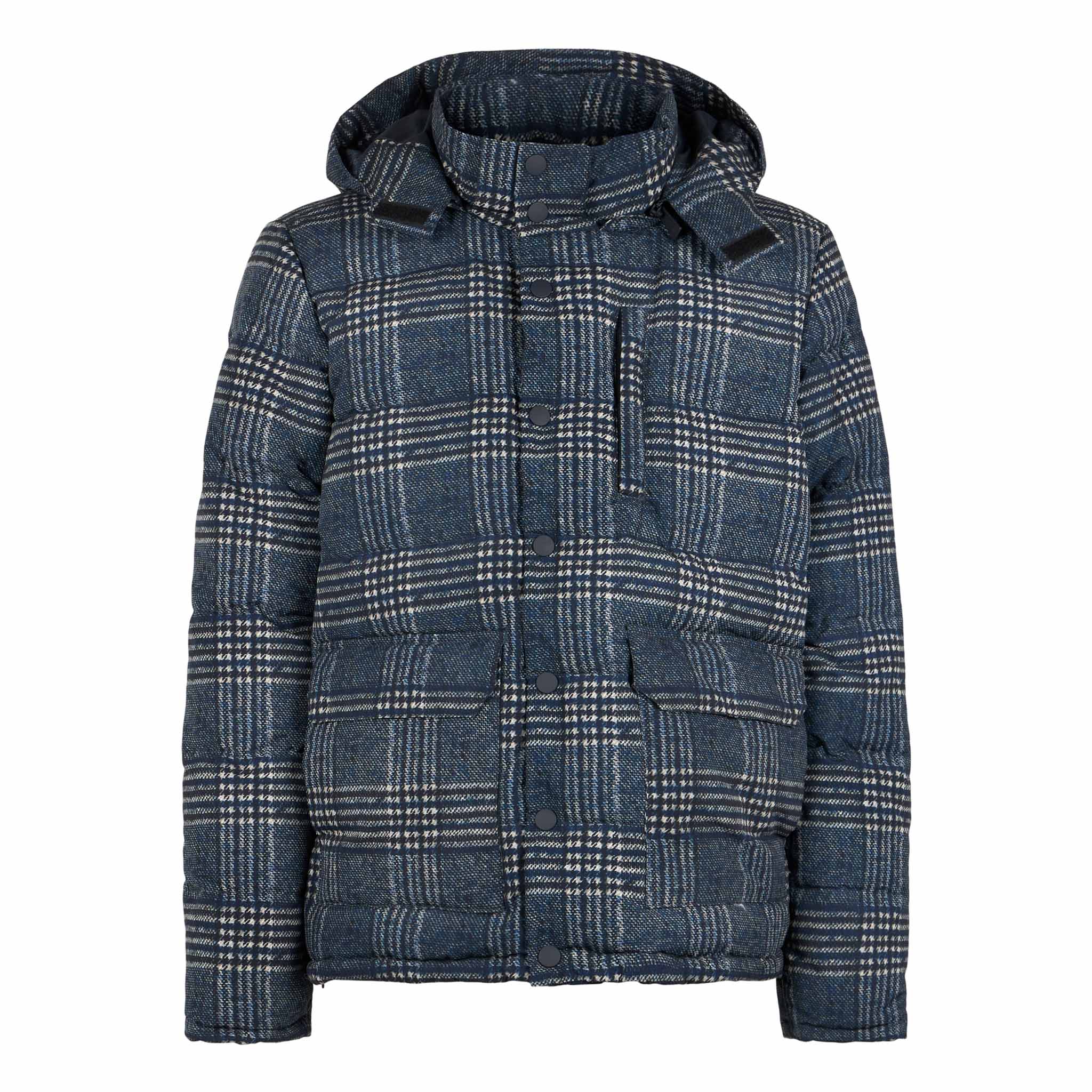 Man Hooded Down Padded Jacket Baxter With Prince Of Wales Print Blue