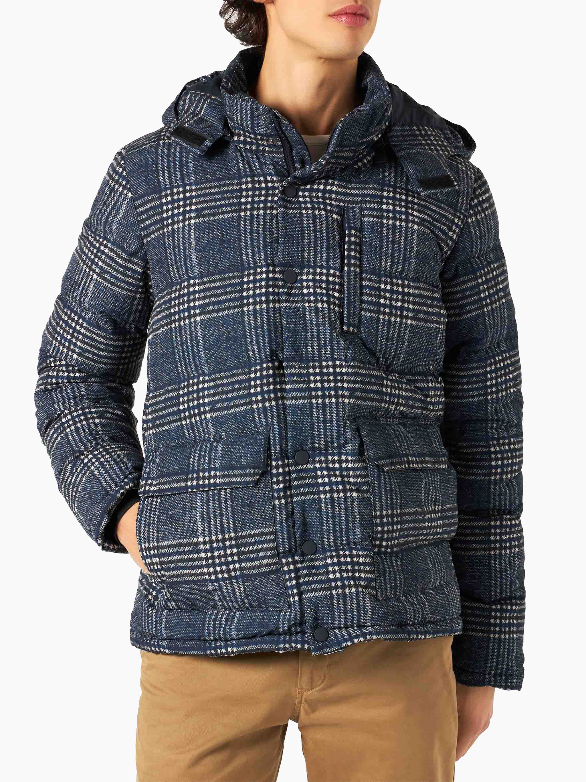 Man Hooded Down Padded Jacket Baxter With Prince Of Wales Print Blue