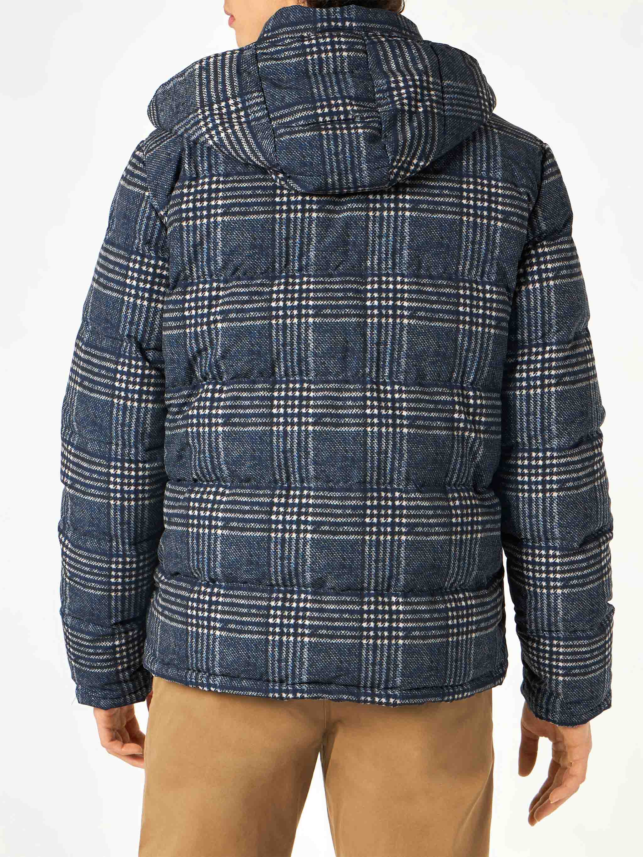 Man Hooded Down Padded Jacket Baxter With Prince Of Wales Print Blue