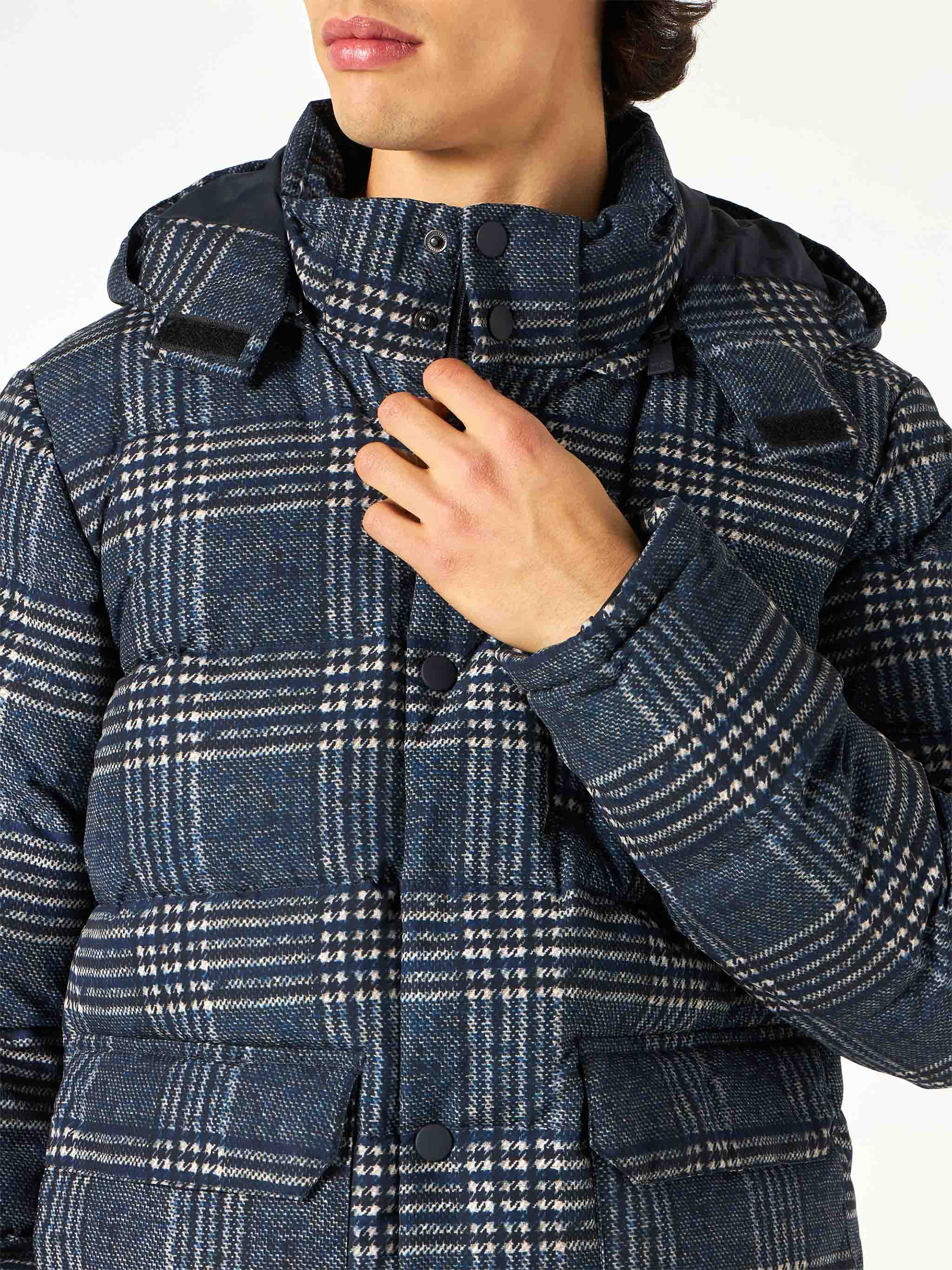 Man Hooded Down Padded Jacket Baxter With Prince Of Wales Print Blue